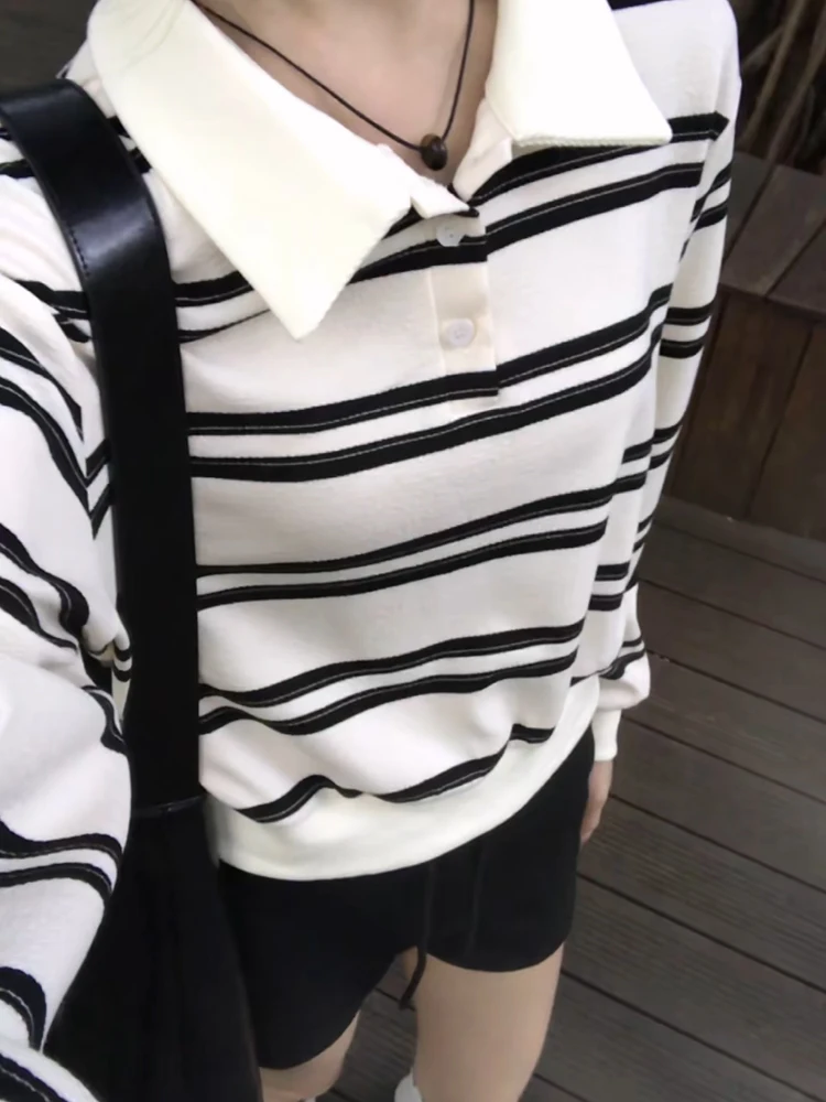 Korean Contrast Color Stripe  Ne Long Sve T-irt Women's Autumn New Loose ort Sle College Wind Sweatirt