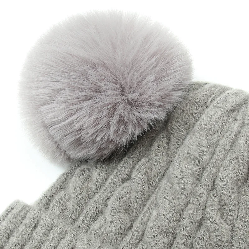 Fashion Beanie Korean Style Doulbe Wool Ball Women\'s Hat Cute Solid Knitted Beanies Warm Winter Hats Woman Fur Hat