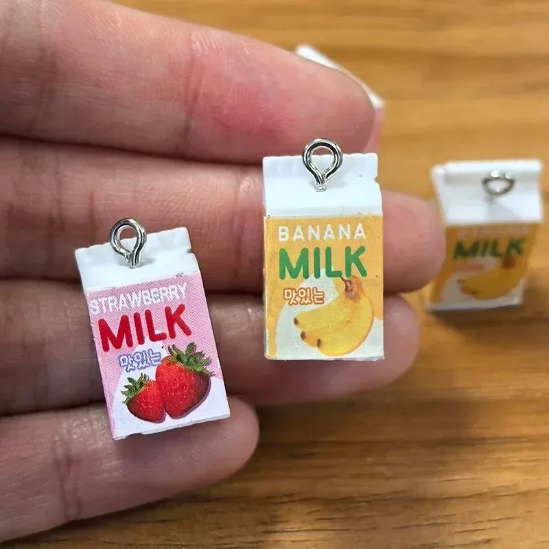 10Pcs 3D Resin Simulation Banana Strawberry Milk Box Charms, Beverage Pendants for DIY Keychain Earring Craft Accessories