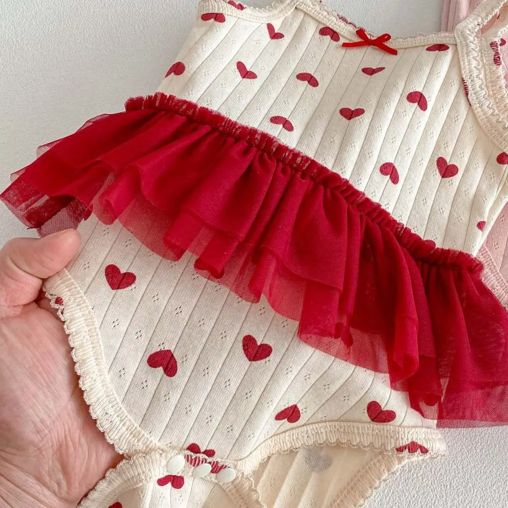 Cute Sweet Summer Baby Girl Onesies Cotton Butterfly and Heart Print Baby Mesh Skirt Bodysuit Simple Comfortable