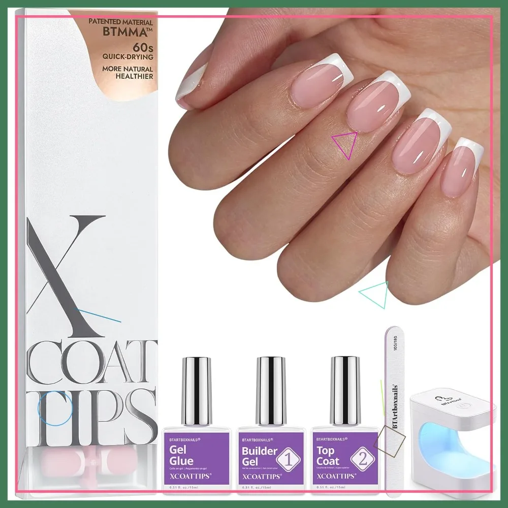 

Short Square French Tip Press-On Nails Kit with Gel, Pink Soft Tips, French Protecting Duo & UV Lamp for Home DIY Gift