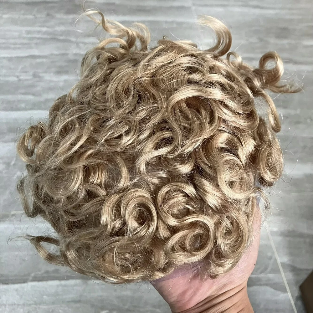 0.02mm Thin Skin 24mm Curly Human Hair Toupee for Man 90%Density Light Weight Super Natural Hairline Capillary Prosthesis Vloop