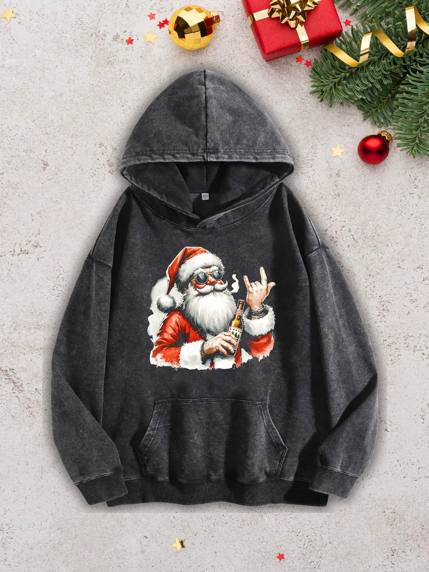 

Rocker Hand Santa Men's Heavyweight Hoodie - Acid Wash Retro Black Pullover, Fall & Winter Sweatshirt 400Gsm
