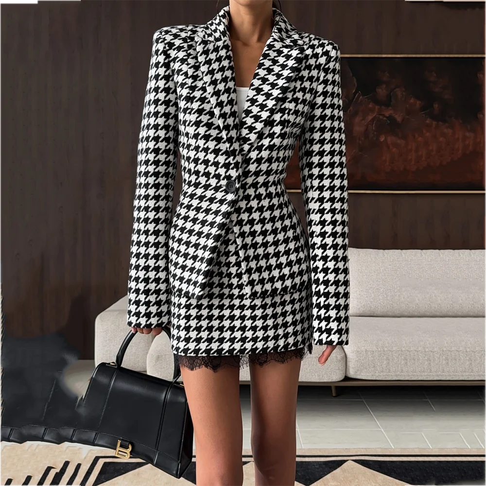 Women's Black White Houndstooth Blazer Skirt Suit Slim Fitted Two Pieces Outfit Elegant Lace Trim Single Button Fashion Casual