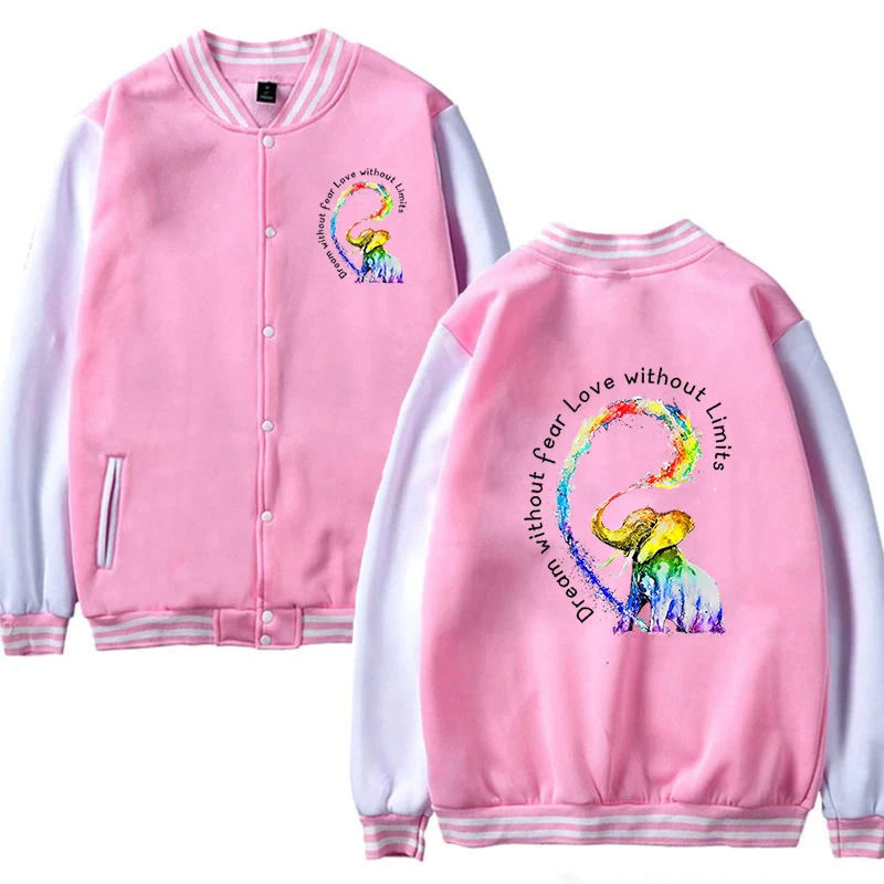 Baseball Jacket for Women Retro Loose Coats Jackets Dream Without Fear Love Without Limits Rainbow Baby Elephant Fashion Jackets