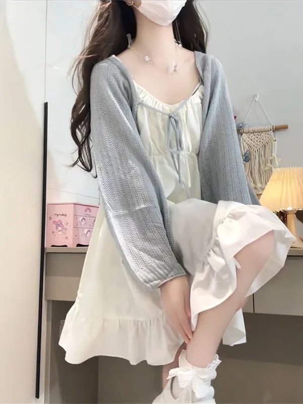 

Sweet School Style Ruffle Splice White Strap Dress with Sun Protection Knitted Cardigan Two Piece Set Breathable Lightweight ...