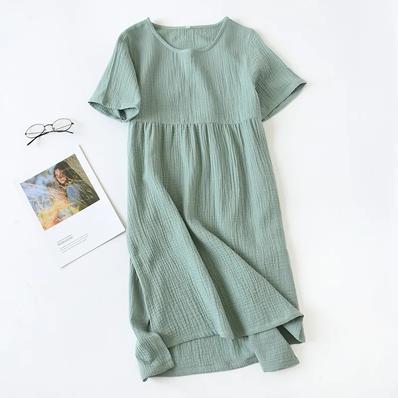 Summer Sleepshirts comfortable solid color cotton gauze long skirt home Nightgowns  women's round neck nightdress thin section