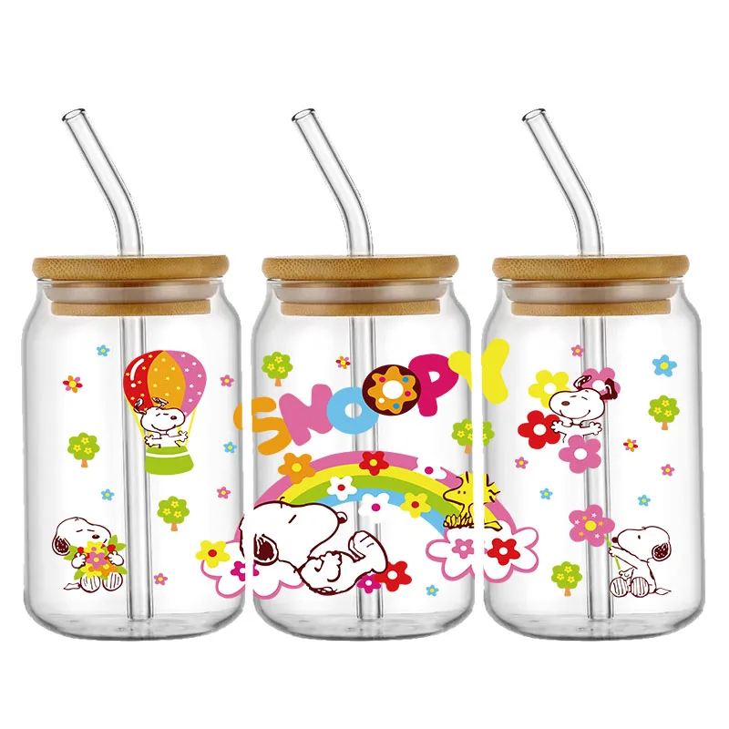 Kartun mode Snoopy 16OZ UV DTF cangkir membungkus stiker Transfer untuk Kaca Libbey dapat botol Selfadhesive dapat dicuci DIY sesuai pesanan