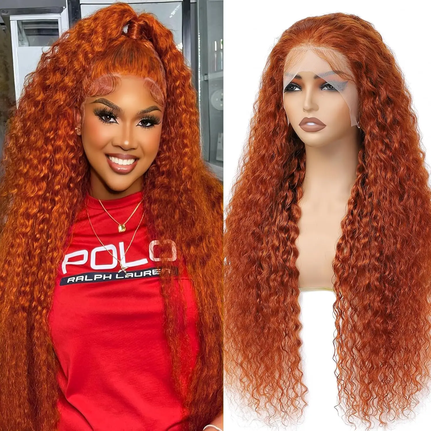 360 Orange Ginger Deep Wave Transparent Full Lace Wigs Human Hair for Women Colored Wigs 350# Water Curly HD Lace Wig