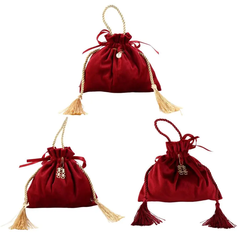 Velvet Drawstring Candy Bag Non-woven Fabrics With Drawstring and Tassels Flannel Gift Bag Wine Red Exquisite