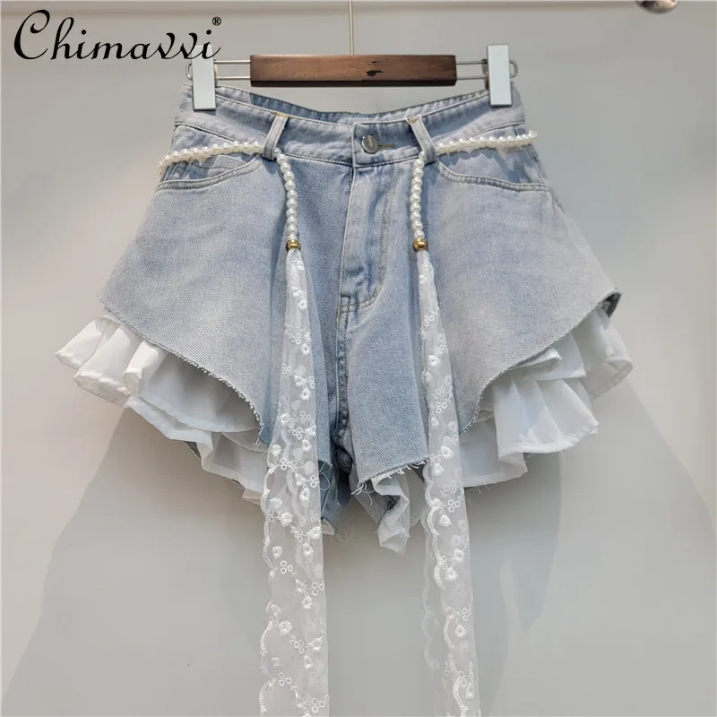 

Fashion Beveled Patchwork Jeans 2026 Summer New High Waist Slimming A-line Shorts Sweet and Spicy Wide-leg Hot Pants