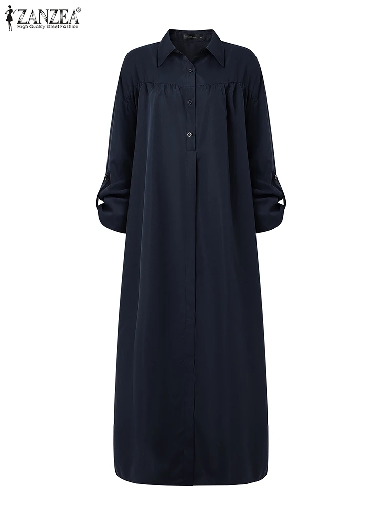 فستان قميص موضة الخريف من ZANZEA للنساء 2025 برقبة على شكل طية صدر وأكمام طويلة فستان صيفي ماكسي طويل رداء غير رسمي متين OL فساتين عمل فيستدو
