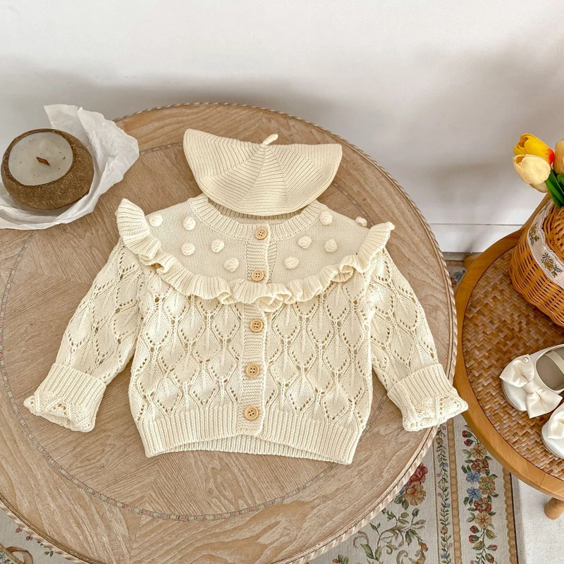 Autumn new style 0-3 year old baby clothing for girl handmade balls hollow out knitted coat long-sleeved cardigan