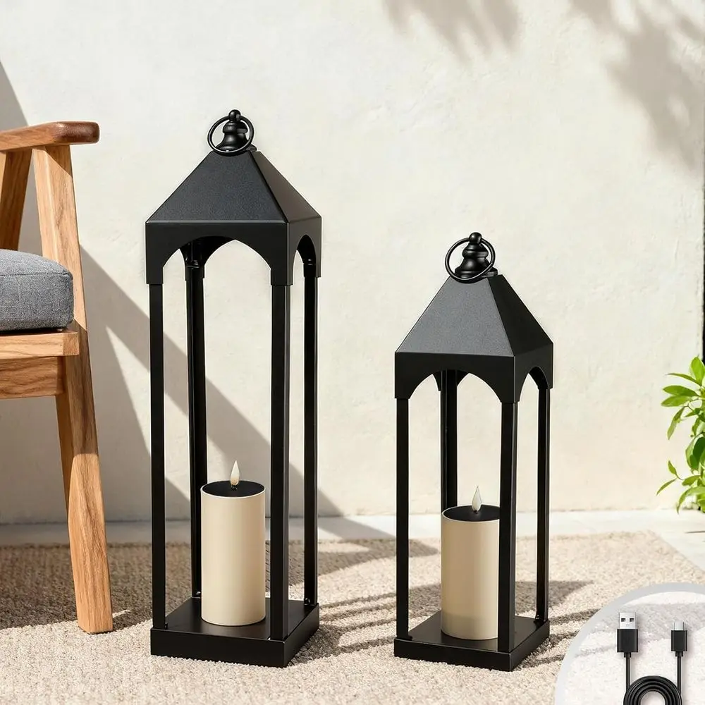 

Set of 2 Outdoor Black Metal Waterproof Candle Lanterns, 24 & 18 Tall for Patio and Porch Use