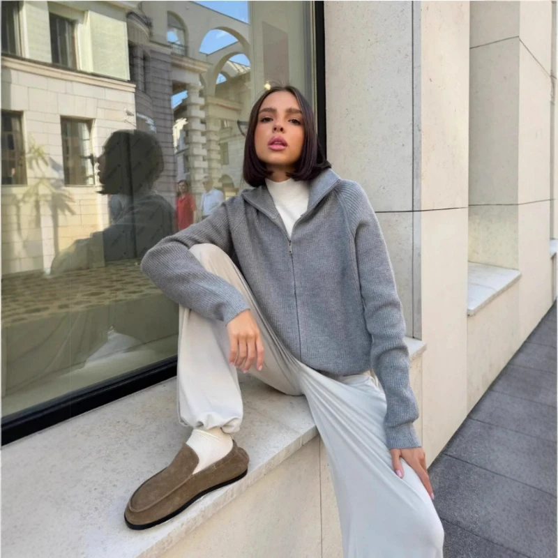 

Женские свитера, кардиган на молнии, однотонные толстые джемперы с длинными рукавами, повседневный обычный вязаный свитер с лацканами, осень