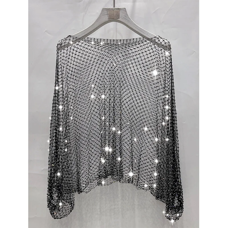 

Faionable Yan Heavy Embellied Diamond Bikini Cover up Netting Hollow out One oulder Women's Nightclub Performance Clothing