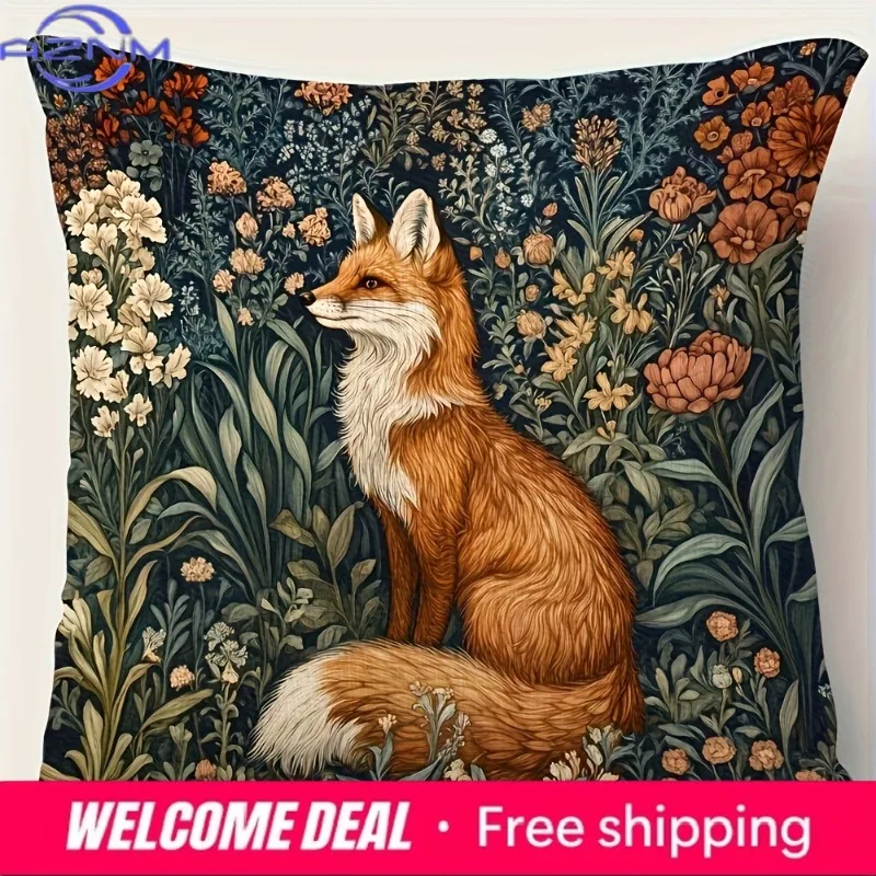 William Morris Style Fox and Floral Decorative Pillow Cover, Suitable for Sofa, Bed, Chair, Home Decor Cushion Cover