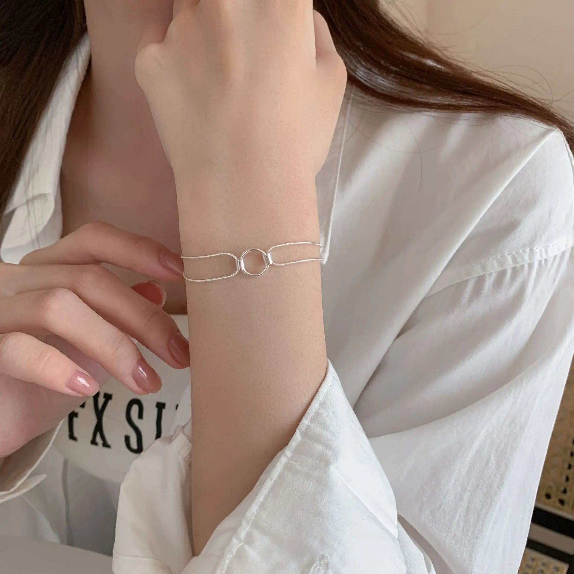 100% 925 Sterling Silver Geometric Bracelet for Women Girl Simple Round Versatile Design Tassel Jewelry Dropship Wholesale