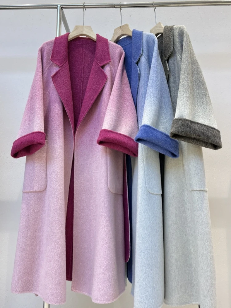 New Women Gradient Bathrobe Double-sided Cashmere Wool Coat Long Loose Fashion Lapel Long Woolen Coats Lace-up Fit Autumn Winter