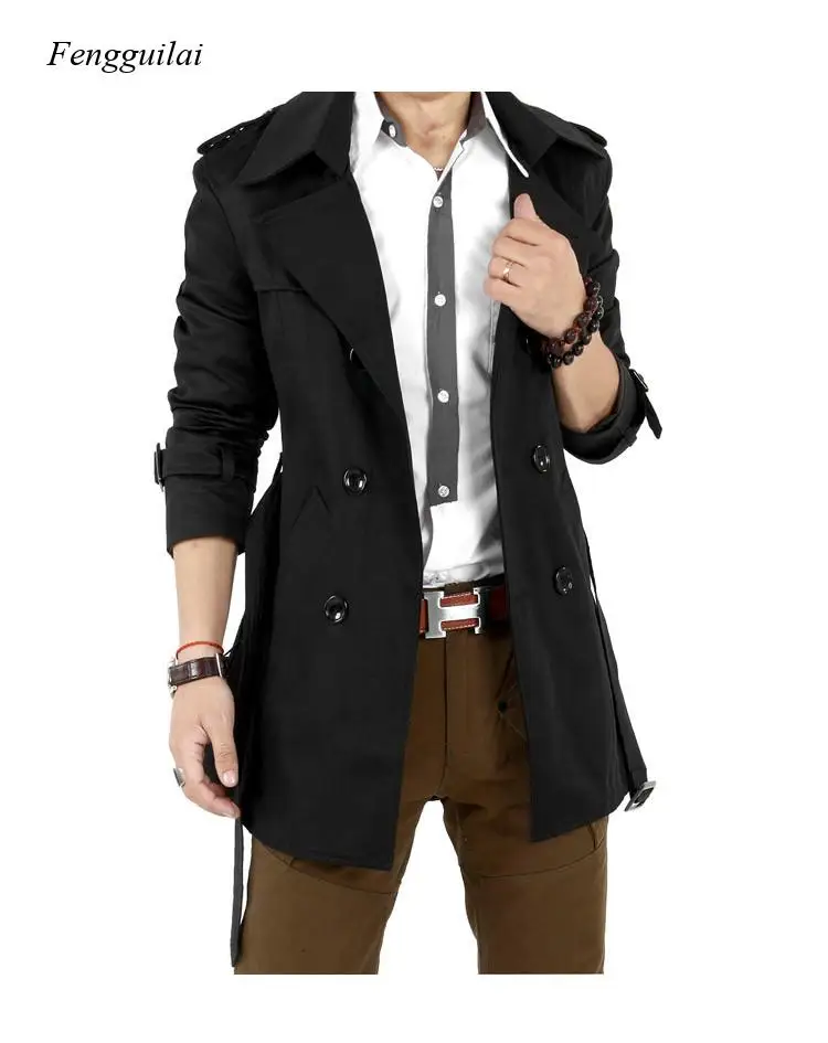 Men\'s Windbreaker Jacket Vintage Black Khaki Spring Autumn Business Trench Male Double Breasted Retro Classic Long Coat Men