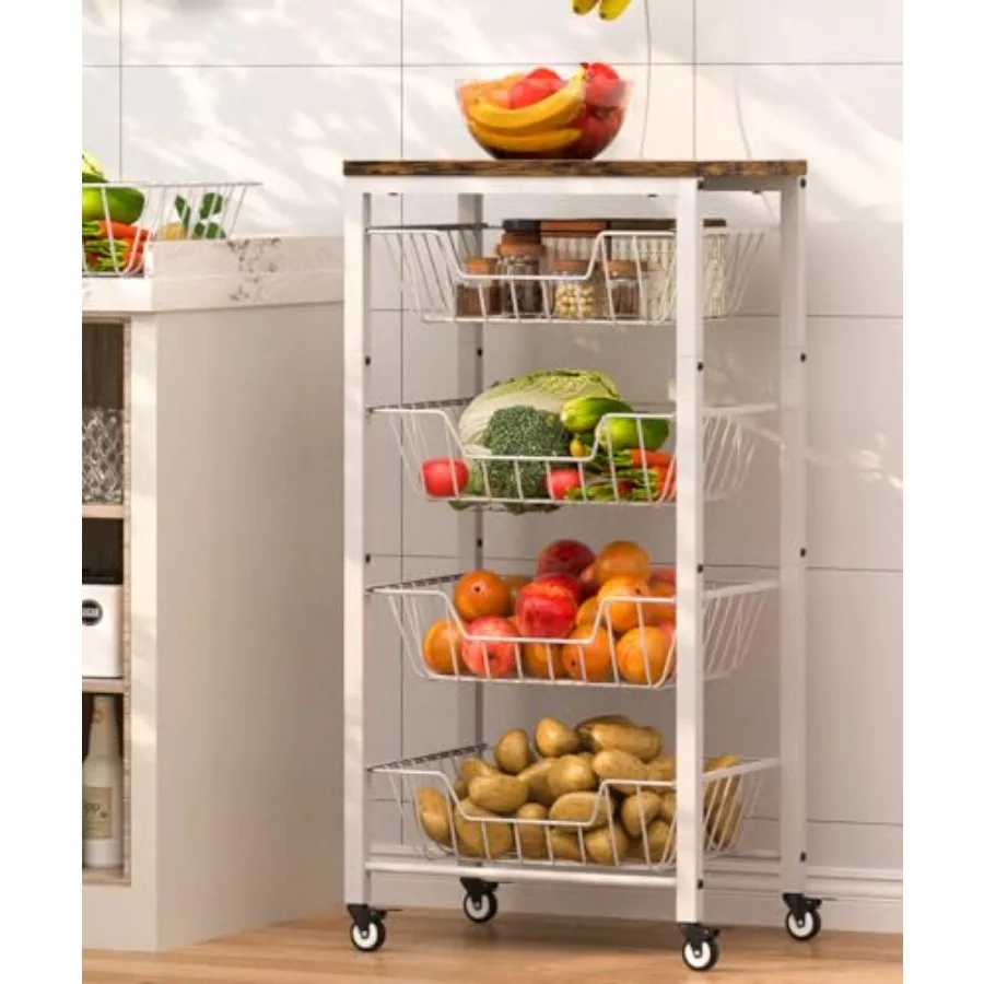 

Fruit Vegetable Storage Cart for Kitchen 5-Tier Vegetable Stand Rack with Pull-Out Fruit Baskets Rolling Snack Cart with Wood T