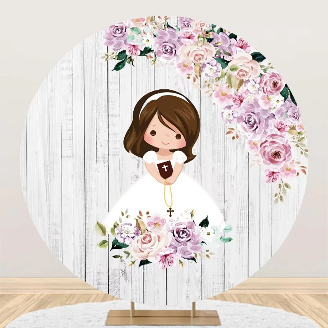 First Communion Baptism Religious Floral Cross Round Background Baby Kids Portrait Baptism Party Home Decor Photo Backdrop Props