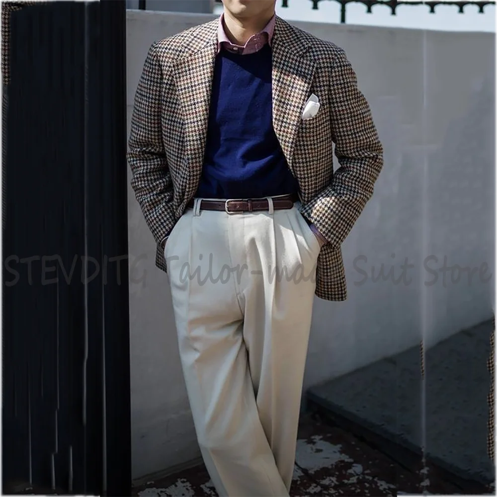 Chic Houndstooth Men's Suit Notch Lapel Contrast Color Tailored Fit Business Casual Outfit for Formal Events High Street Style