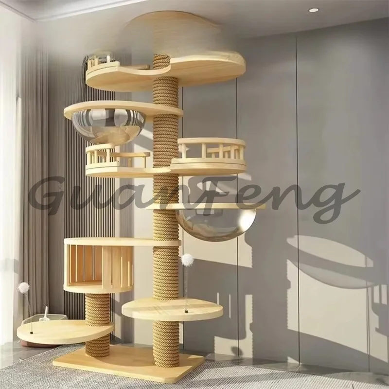 Modern Ceiling Mounted Large Cat Tree Tower,   Luxury Wooden Cat Condo, Cat Climbing Frame & Scratcher