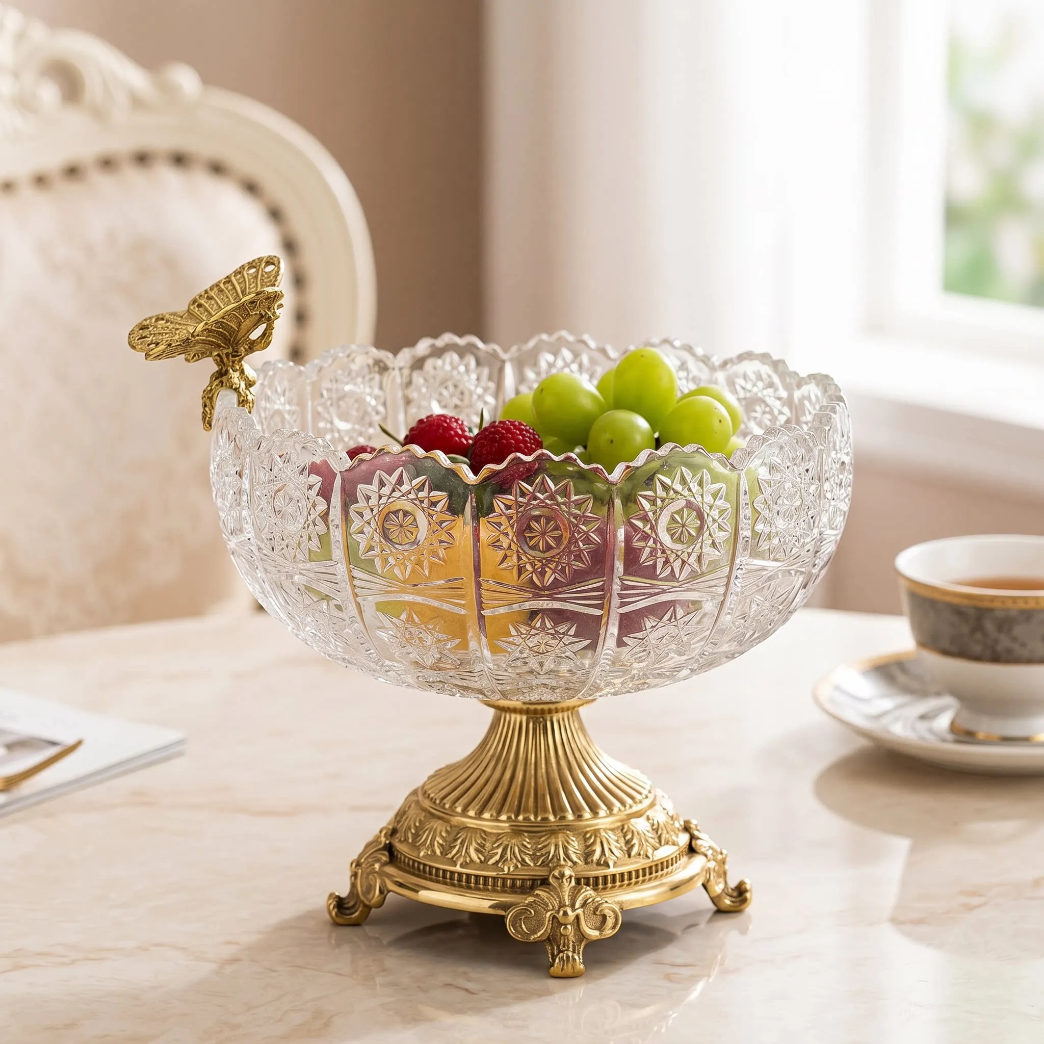 European Brass Crystal Glass Fruit Plate Home Decoration Living Room Coffee Table Luxury Ornament High Snack Plate