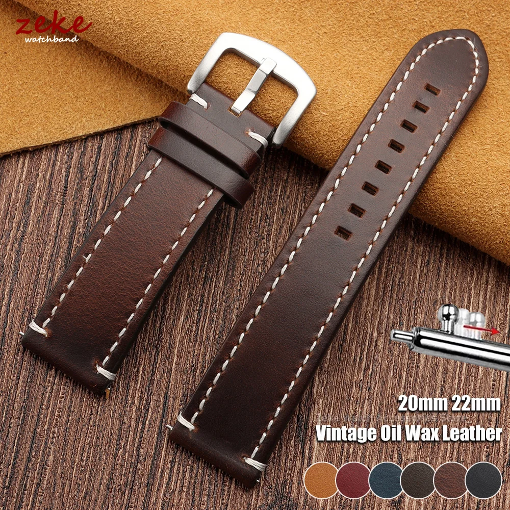 Vintage Waxed Leather Watch Strap 20mm 22mm Universal Stitched Cowhide Watchbands Brown Quick Release Top-Grain Leather Bracelet