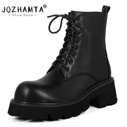 JOZHAMTA Size 34-42 Women Ankle Boots Real Leather Thick High Heels Winter Shoes Fall 2025 Platform Lace-Up Casual Short Booties