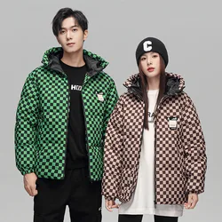 Mens Women Winter Couple Down Coats Mens Casual Loose Plaid Print Hooded White Duck Down Jackets High Quality Thick Warm Outwear