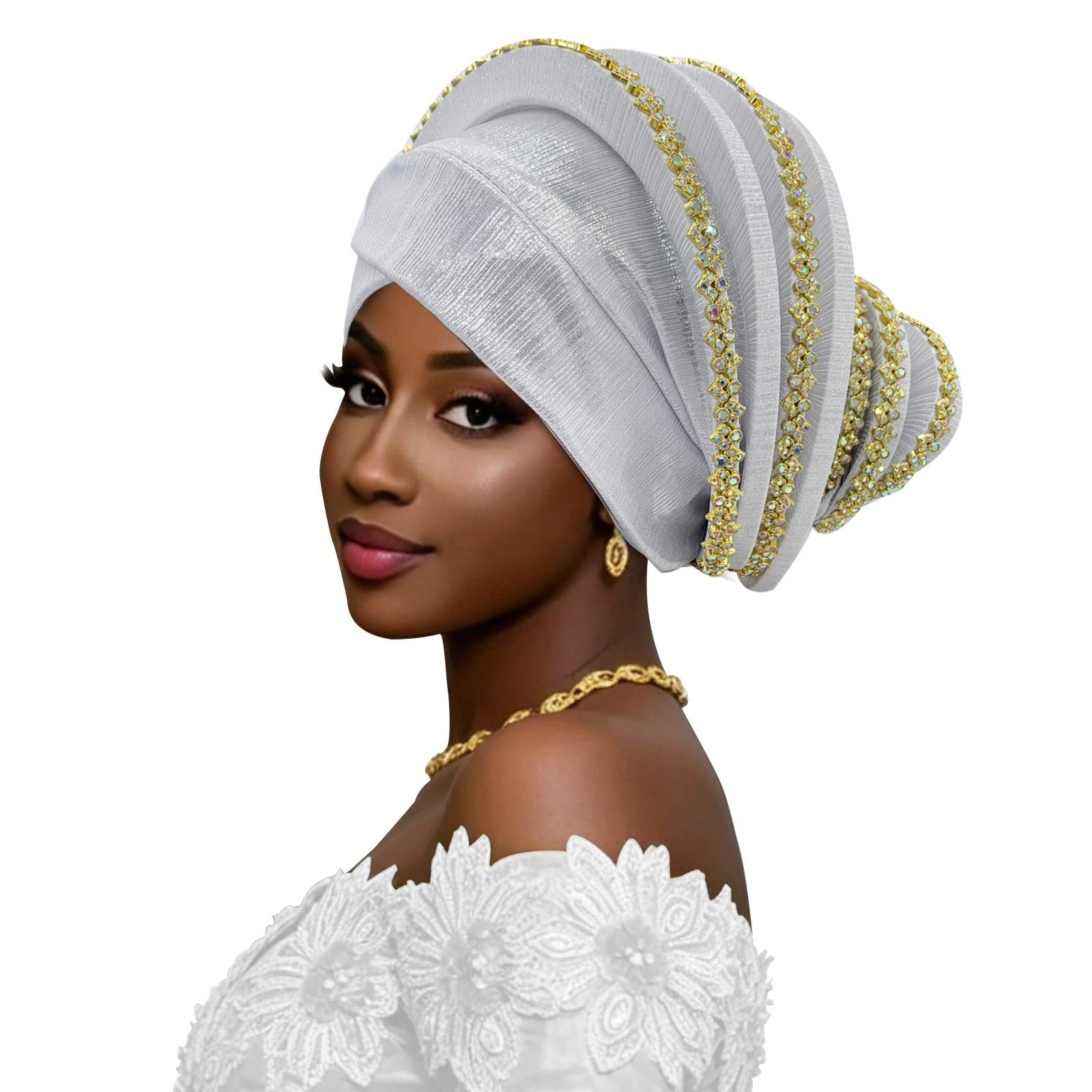 Gorro Turbante Espiral con Adornos Dorados para Mujer, Pañuelo para la Cabeza Estilo Africano, Ideal para Bodas y Fiestas, Listo para Usar, Auto Gele