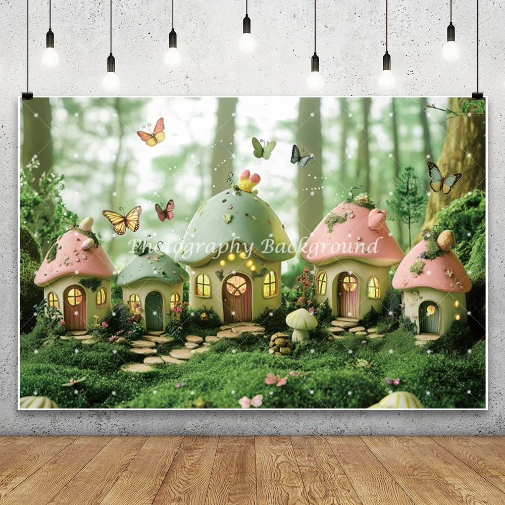 خلفية للتصوير الفوتوغرافي لمنزل فطر الغابة وقلعة فطر الغابة وحفلات أعياد الميلاد للأطفال وخلفية ديكور الكيك