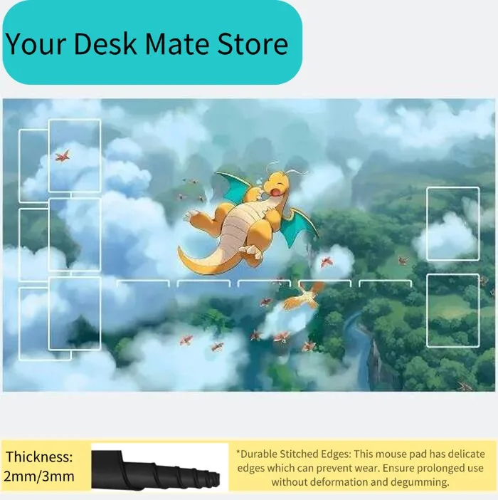 Chibi Dinosaur Mouse Pad Large Desk Mat with Card Layout for TCG Players