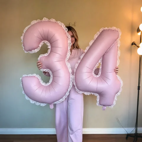 40inch Large Matte Pink Aluminum Foil Number Balloons, 0-9 Lace-Edged Aluminum Foil Balloons, with Adhesive Dots, Reusable, Suitable for Birthday Party Decorations, Holiday Decorations, Hawaiian Party Decorations, Room