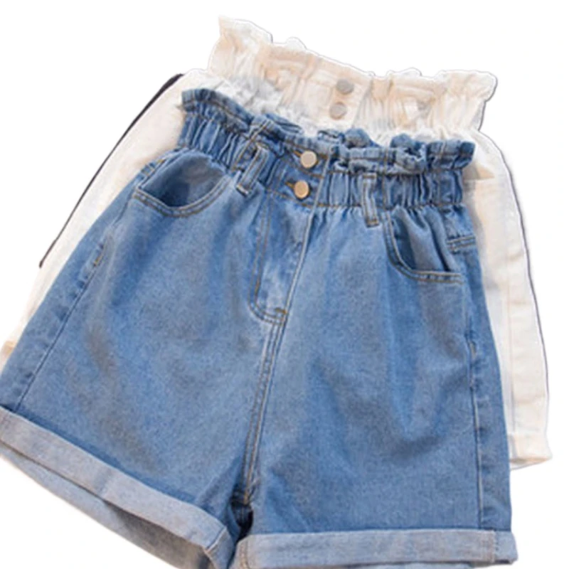 

Summer Black Women Denim Shorts Women S-5XL Harem Ruffled White Blue High Waisted Shorts Female Elastic Short Jeans Z899