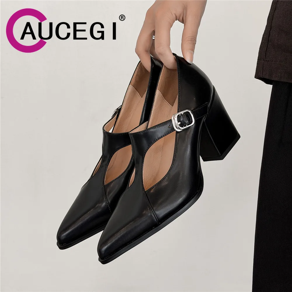 

Aucegi Classic Style Genuine Leather Pointed Toe Women Summer Pumps Buckle T-Strap Thick High Heels Office Lady Handmade Shoes