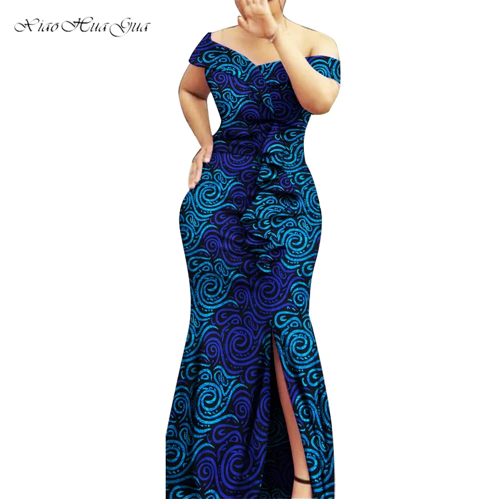 فساتين أفريقية للنساء موضة مائل الرقبة كشكش فستان ماكسي المرأة بازان الثراء طباعة الملابس الأفريقية فستان سهرة WY8894