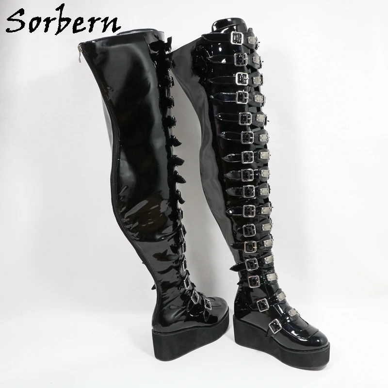 Sorbern Unisex Style Mid Thigh High Boots Multi Buckle Straps Flatform Wedges Round Toe Long Boot Rear Zipper Custom Wide Calf