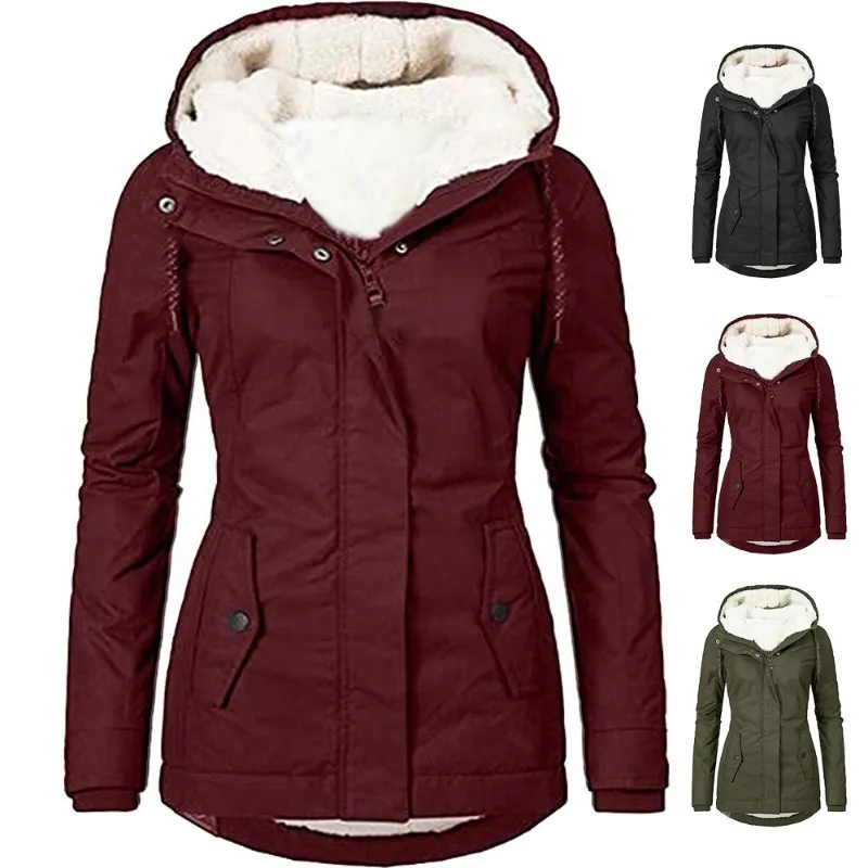 

Womens Solid Color Fleece Lined Hooded Jacket Long Sleeve Zip Pocket Warm Coat