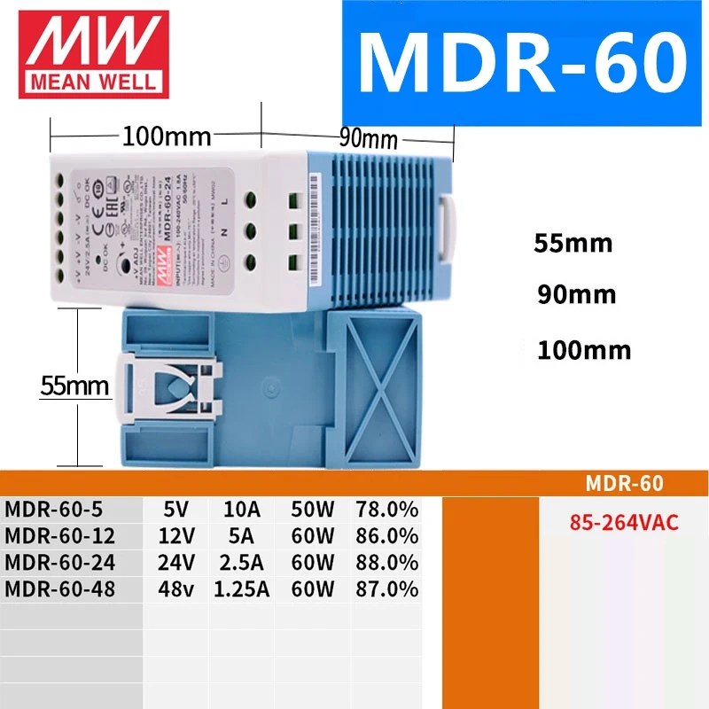 يعني جيدا MDR-10 20 40 60 100 - 5 12 15 24 48 ميانويل MDR -10 -20 -40 -60 -100 واط 5 12 15 24 48 فولت الناتج الصناعي DIN السكك الحديدية