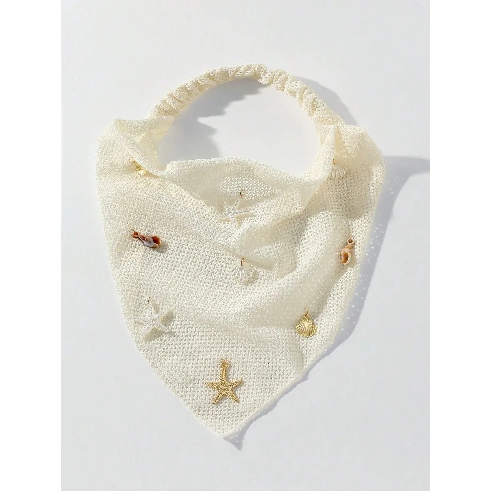 

1pc Women's Handmade Embroidered Ruffled Starfish & Shell Decor Headwrap, Suitable For Daily Wear And Vacation Summer Hair Accessories Beach Hair Band Vacay Headband Women Bandanas