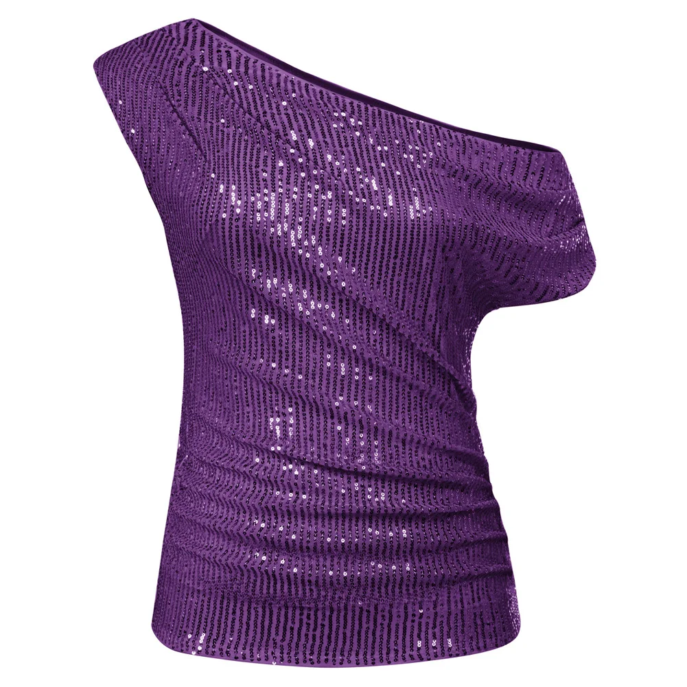 GK-Pull Plissé Asymétrique à Paillettes pour Femme, Chemise de Soirée, Discothèque, Été