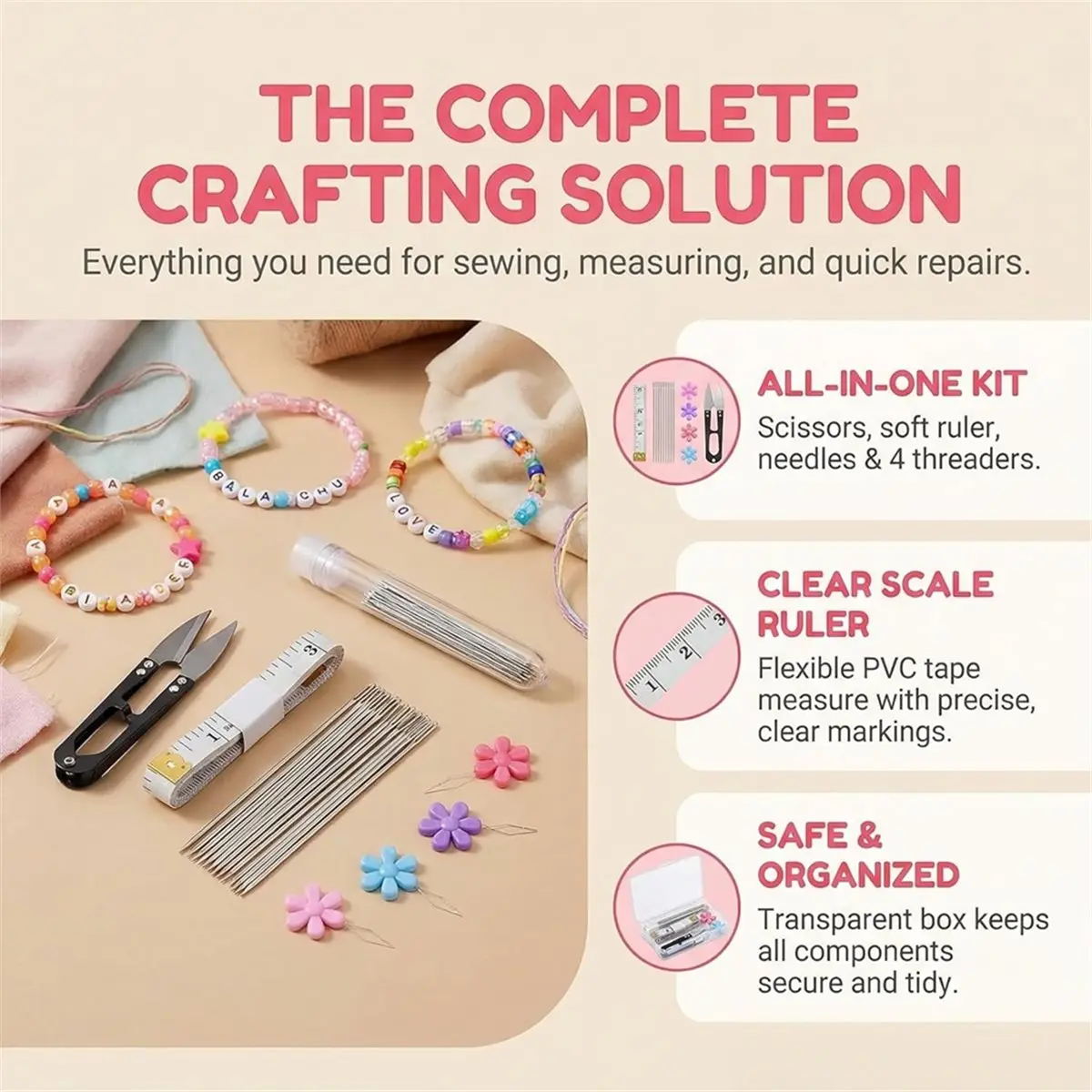 68 Pcs Beading Set, Size 10 Long Straight Beading with Scissors and Threader, for Jewelry Making, Beads, Embroidery