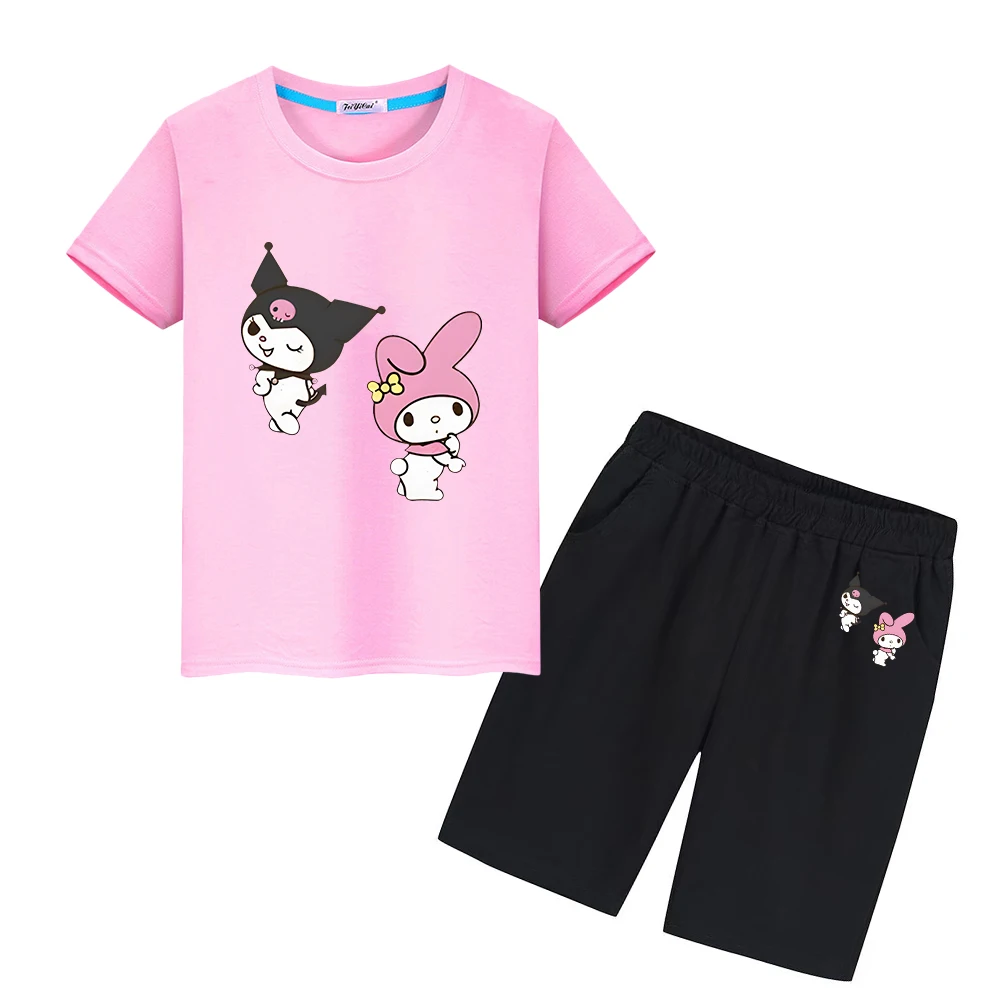 Kulomi Print 100%Cotton T-shirt Cute Sports Sets Summer Tops+short Sanrio Melody Anime Tshirts kid holiday gift boy girl clothes