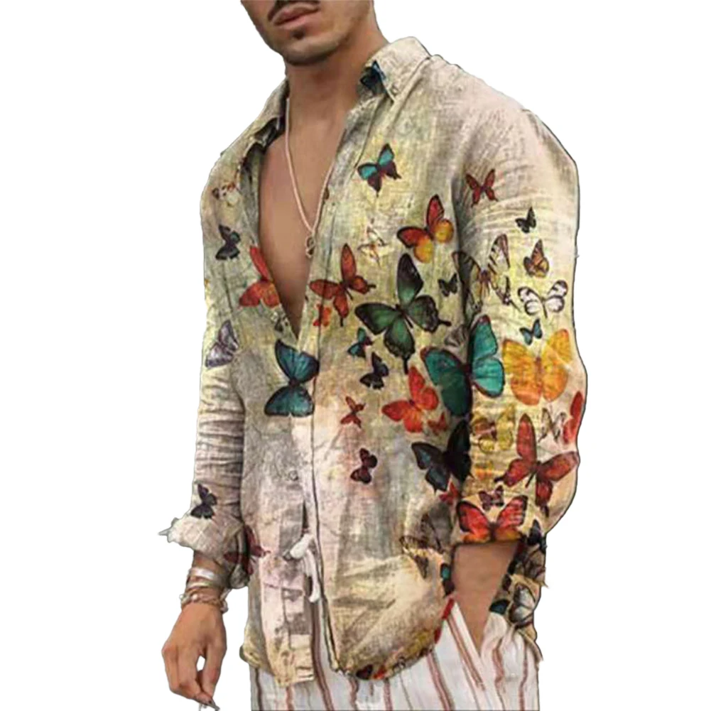 남성용 파티 원피스 셔츠, 밴드 칼라, 바로크 하와이안 라펠, 긴팔 나비 프린트 하이 퀄리티, 사계절
