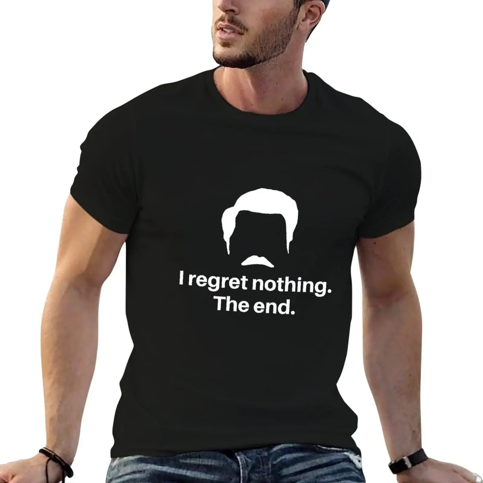 Ron Swanson regrets nothing full black ver. T-Shirt custom t shirt baggy shirts for a boy slim fit t shirts for men