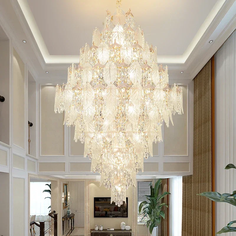 

Modern Glass Leaf Hanging Chandelier for Stairscase Loft Villa Hotel Lobby Living Room Luxury Gold K9 Crystal Ceiling Chandelier