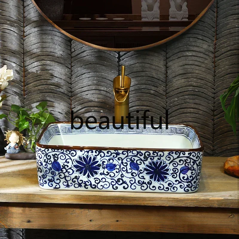 Chinese wash basin hand painted blue and white ceramic table wash basin household bathroom wash sink